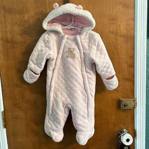 Baby Bunting Hooded Pink Bear Double Zip Footies Quilted Mitts 6-9 mo Ears Cozy